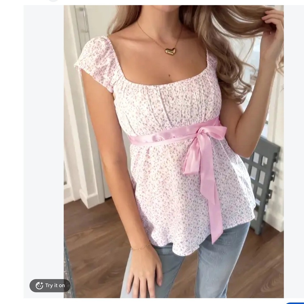 Vintage Hollister Womens Y2K Babydoll Top L Pink Floral Satin Bow Fairy Coquette